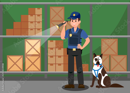 Agent and German Shepherd Flat Vector Illustration