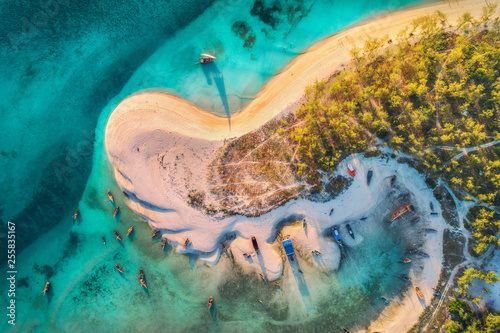 Aerial view of the fishing boats on tropical sea coast with sandy beach and palms at sunset. Fishing village on Indian Ocean, Zanzibar, Africa. Landscape with boat, trees, clear blue water. Top view