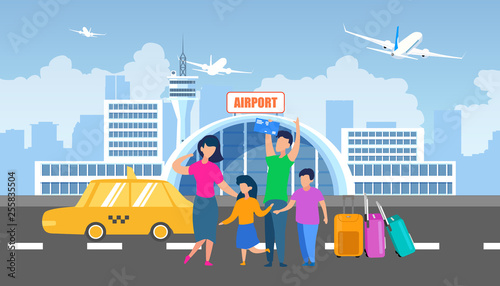 Family Transfer to Airport with Taxi Flat Vector © TeraVector