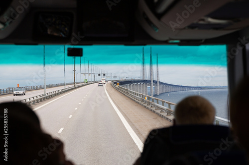 View of Oresund Bridge from tourist bus, Denmark photo