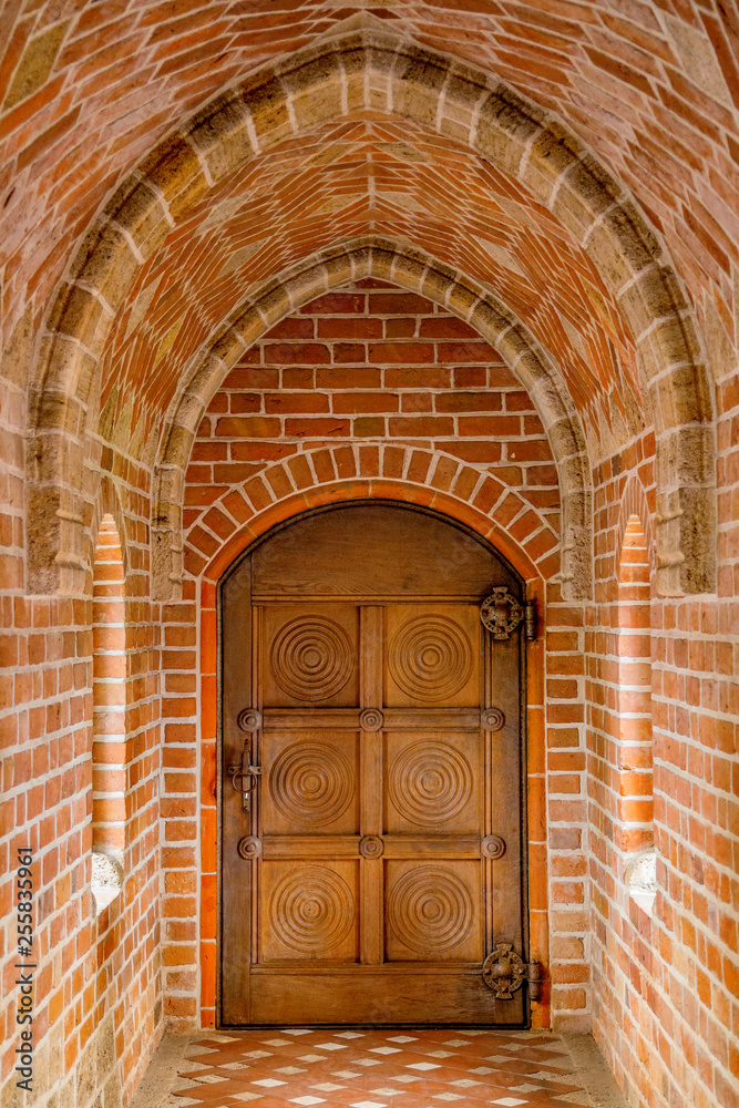 Wooden door in a brick tunnel, close up