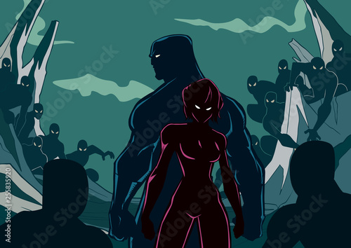 Quadro su tela Superhero Couple Minions Silhouette