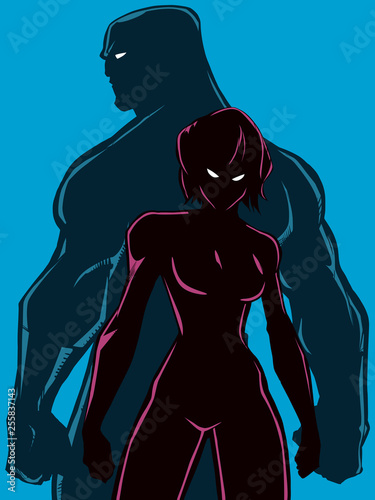 Superhero Couple Back to Back Silhouettes