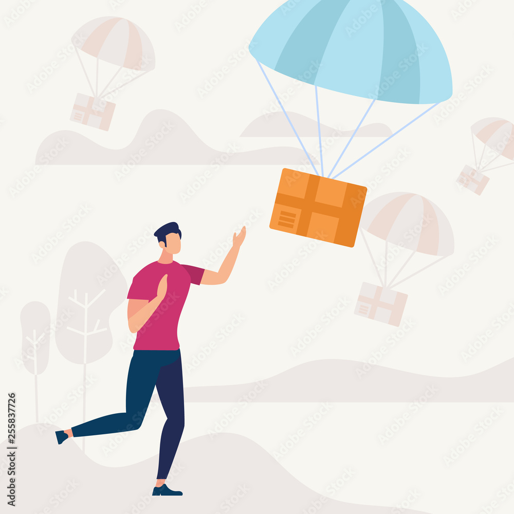 Man Run and Catching Parcel Falling with Parachute Man Run and Catching Parcel Falling with Parachute