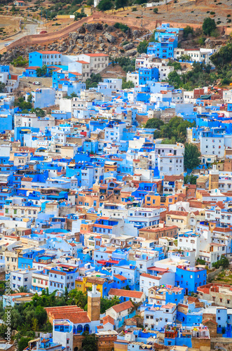 Aerial view of blue medina of city Chefchaouen,  Morocco, Africa. © Olena Zn