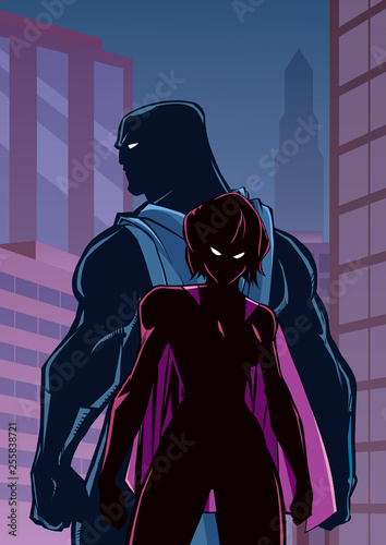 Superhero Couple in City Silhouette