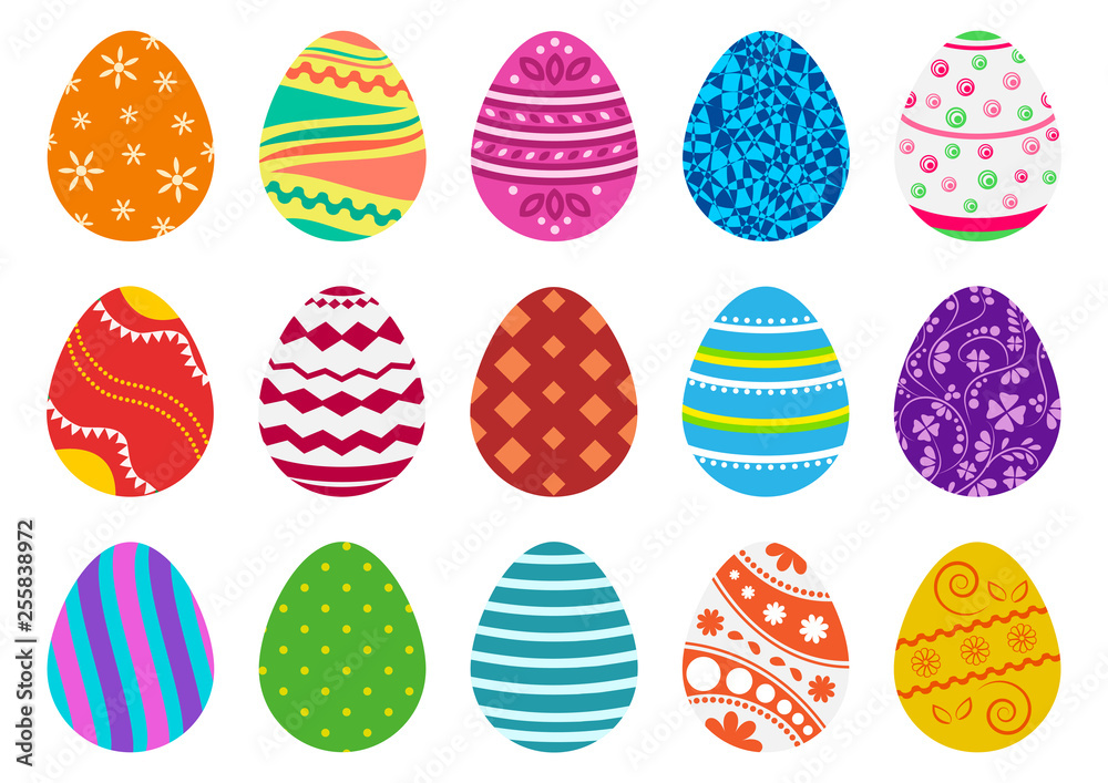 Colorful collection of Easter eggs isolated on white background. Vector illustration