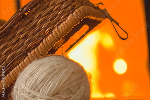 Ball of wool in Wicker vintage basket