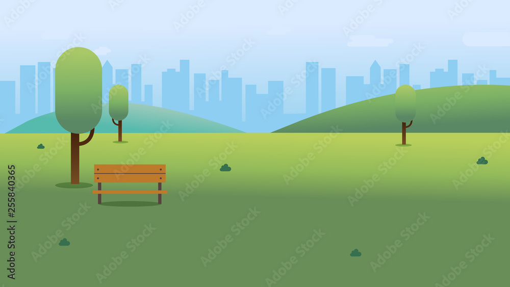 Public park with bench in city with sky and cityscape background.Beautiful nature scene with town and hill.Clean spring scenery. Vector illustration