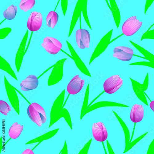 Modern abstract tulips pattern on blue background