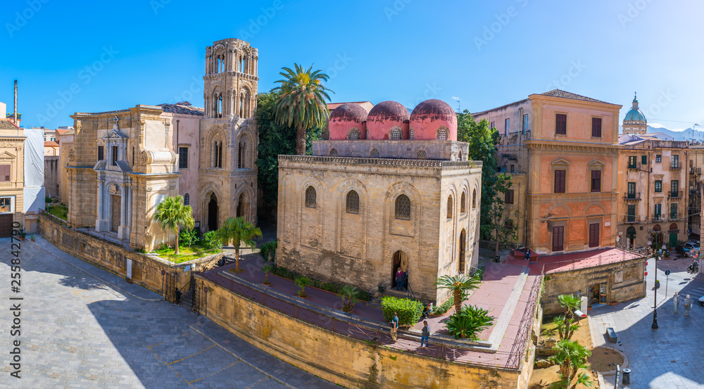 wide View of Piazza Bellini Square, Santa Maria dell'Ammiraglio Church known as Martorana Church and San Cataldo church. Palermo, sicily, Italy