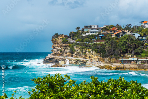 beautiful seaside landscape during sunny day, coastal town