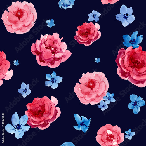 Watercolor seamless pattern with flowers. Hand drawn illustration