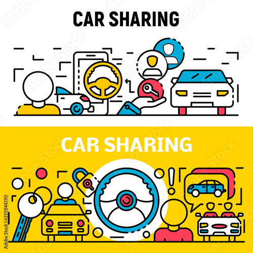 People car sharing banner set. Outline set of people car sharing vector banner for web design