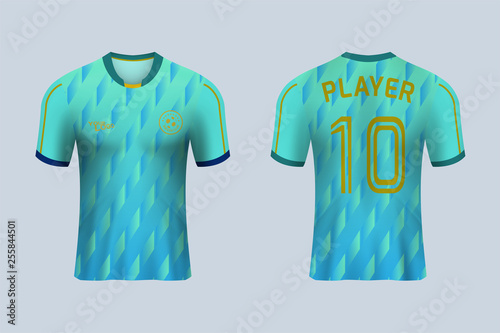 3D realistic mock up of front and back of gradient blue soccer jersey t-shirt kit. Concept for football team uniform or apparel mockup in vector illustration. - Vector 