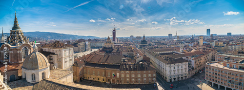 Wide panoramic aerial view of the city of Turin, Torino, Piedmont, Italy