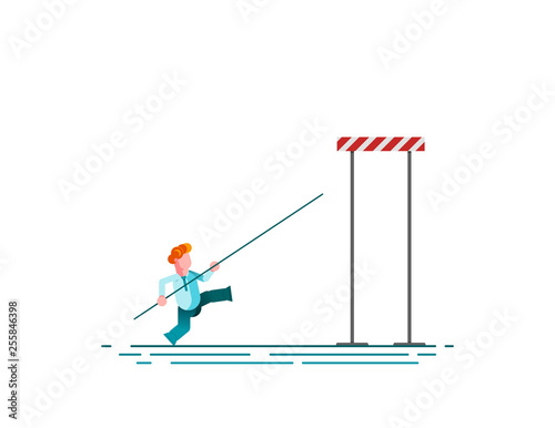 Business challenge vector concept with businessman jumping pole vault over barrier. Symbol of motivation, finding solution, overcome obstacles and success.