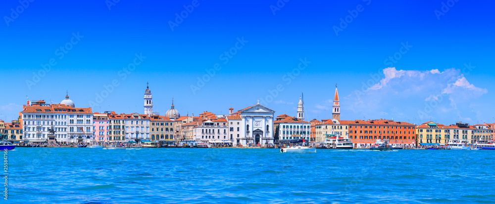Panoramic cityscape beautiful ancient town. Lagoon view to the church of Santa Maria della Pieta or della Visitazione. Castello in Venice, Italy.