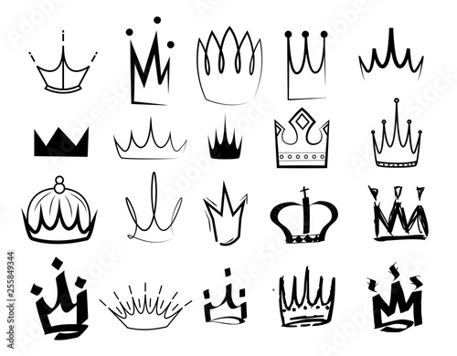 Sketch crown. Simple graffiti crowning, elegant queen or king crowns hand drawn. Royal imperial coronation symbols, monarch majestic jewel tiara isolated icons vector collection