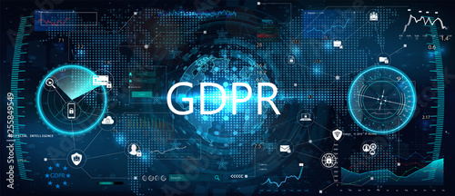 GDPR - General Data Protection Regulation. Idea of data protection. Futuristic interface and world map witch graphic and charts. Protection of personal data. Vector illustration. GDPR concept