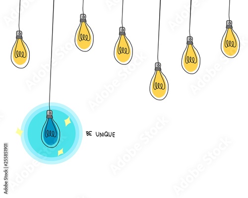 Blue Lightbulb hanging different from other cartoon doodle vector illustration with copy space background