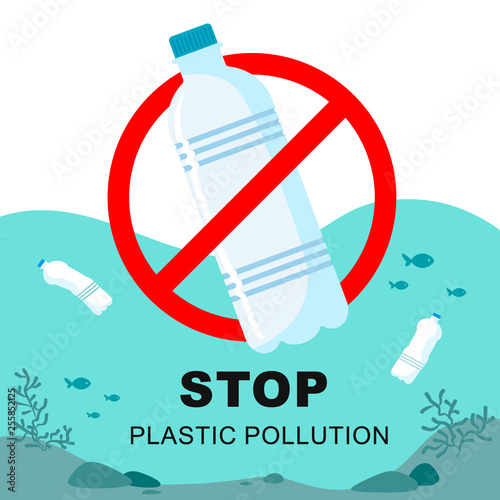 Stop plastic pollution. Plastic bottle with a sign of the plaid on the background of a sea of clogged bottles. Vector symbol