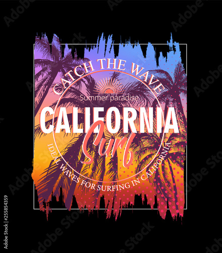 Surfing in California. Colorful poster with palm trees and sun. T-shirt print with inscription, summer design for youth, teenagers.