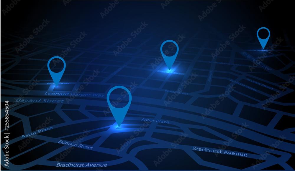 Gps tracking map. Track navigation pins on street maps. Futuristic