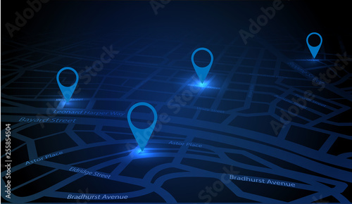 Gps tracking map. Track navigation pins on street maps. Futuristic design navigate mapping technology and locate position pin. Gps map or location navigator, vector illustration photo