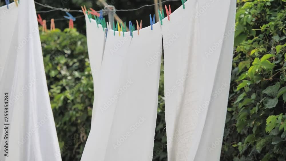 White laundry on rope, colored hook in nature, wind breeze, green background