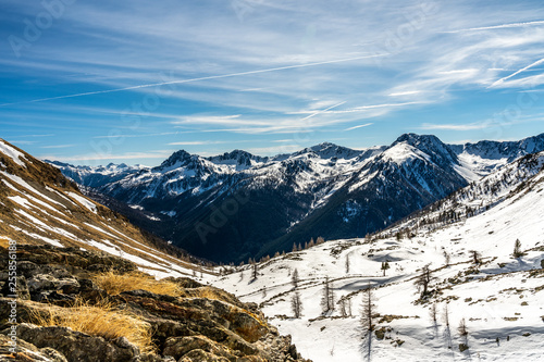 snowy mountain panorama in ski resort isola 2000  france