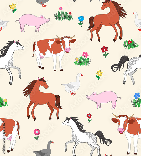 Seamless repeat pattern with farm animals - cow, horse, goose and pig, frisking on a meadow