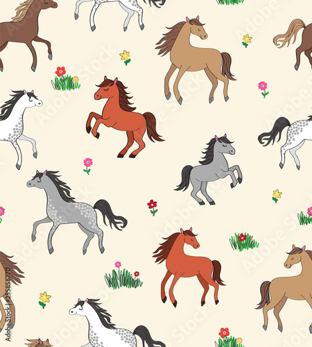 Seamless repeat pattern with happy multi-colored horses among flowers