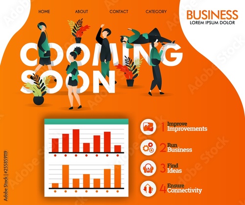 COMING SOON writing with orange and flat illustration. can use for, landing page, template, ui, web, mobile app, poster, banner, flyer, vector illustration, online promotion, internet marketing photo