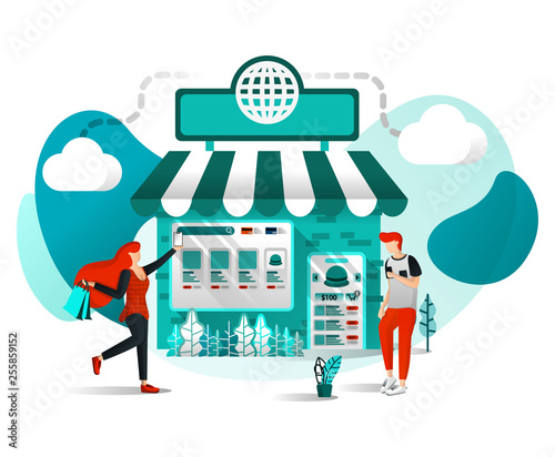 Vector Illustration Concept For Websites, Apps, UI, Print, Poster. Offline Shop are Online. Store Join Marketplace or E-commerce Digital Marketing, People Shop Just a Click With Flat Cartoon Character