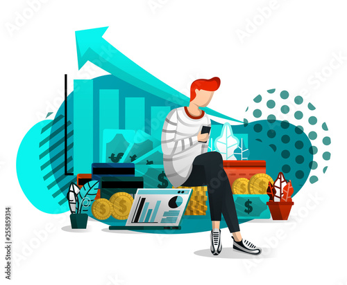 Young Men Use Internet to Manage Riches. Early Financial Investment Management With Mutual Fund, Mobile banking, Develops Business. Flat Cartoon Style. Vector Illustration For Web Page, Banner, Mobile
