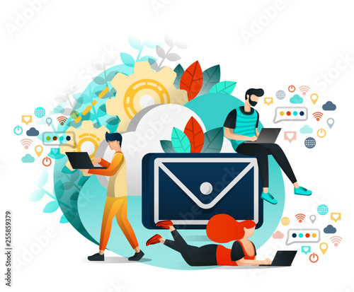 Vector Illustration of Communication and Internet, Group of People who Communicating, Learning and Working With Each Other. Young People Using Email and Website Technology. Flat Cartoon Style