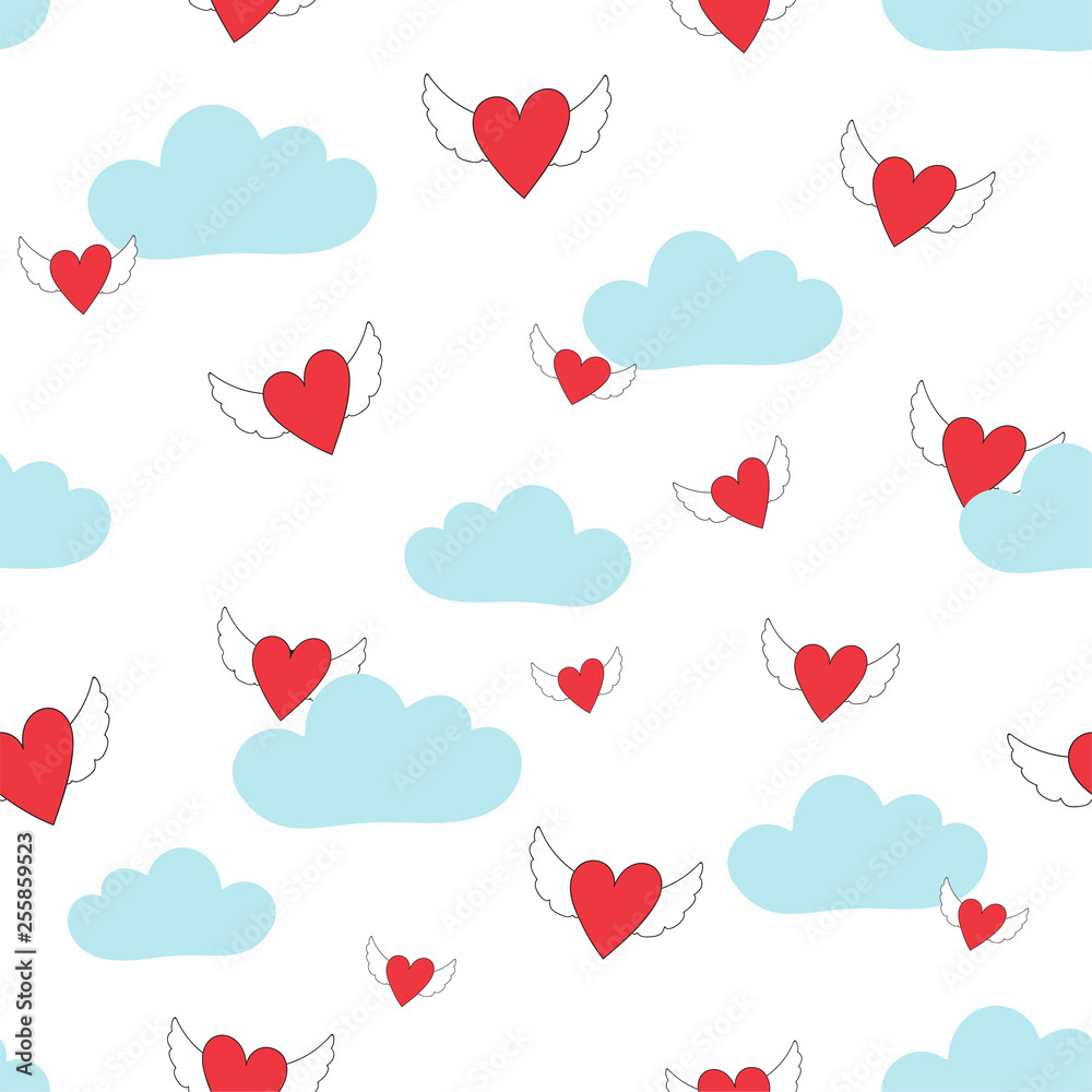 Seamless repeat pattern tile with winged hearts and blue clouds