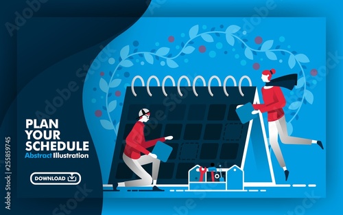 Vector abstract illustration .Web banner and poster in blue and dark blue. with title plan your schedule. people working around calendar and determine schedule. suitable for print. Flat cartoon style