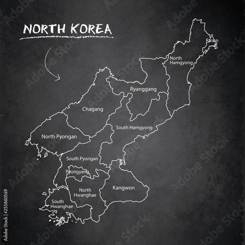 North Korea map separate region names individual card blackboard chalkboard vector