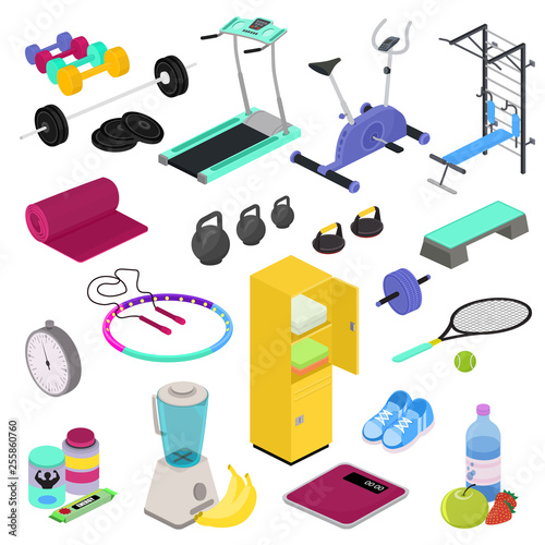 Fitness equipment vector gym club workout training with dumpbell bodybuilding weights in sportclub illustration isometric set of weightlifting exercises sports nutrition isolated on white background