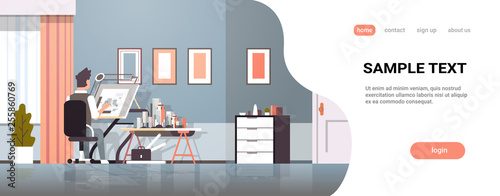 architect drawing blueprint urban building plan on adjustable board panning project concept engineer sitting workplace office draftsman studio interior horizontal full length copy space