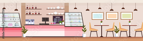 modern coffee shop empty no people cafeteria interior bakery store design flat horizontal