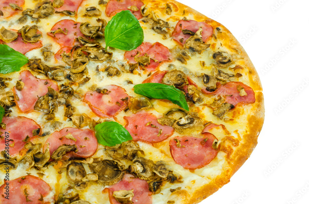 Tasty pizza with ham and mushrooms isolated on white background. Tasty pizza with ham and mushrooms isolated on white background.