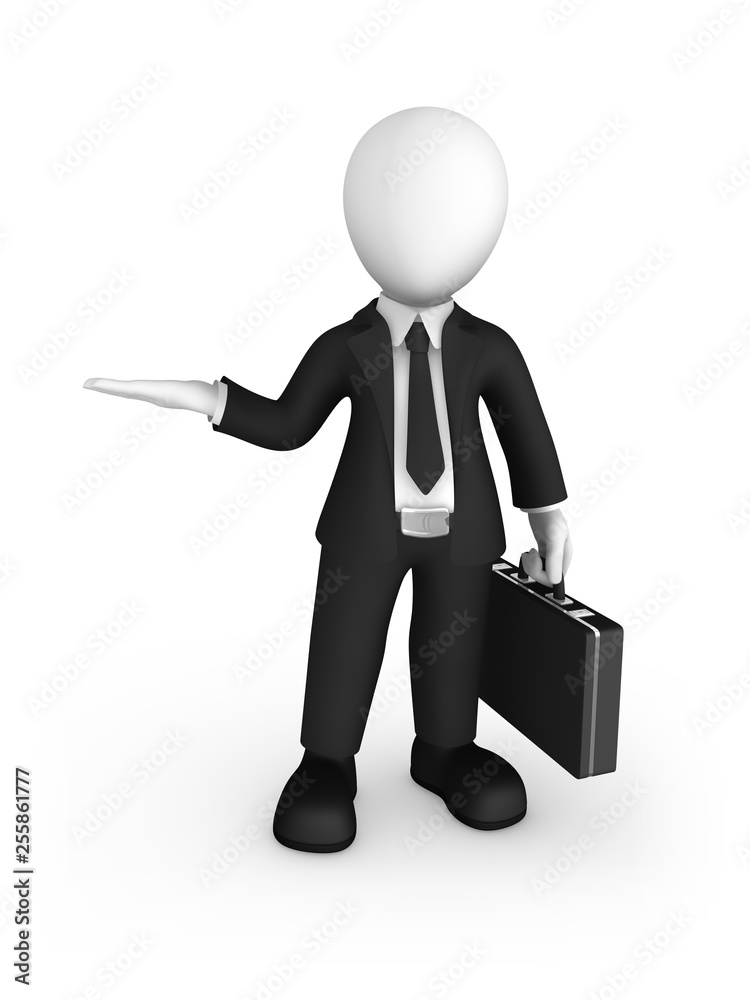 3d businessman in black suite hold something yours in hand 3d businessman in black suite hold something yours in hand