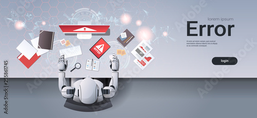 robot using digital devices problem computer application software error humanoid sitting at workplace desk top angle view artificial intelligence technology concept horizontal