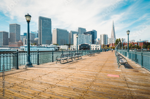 Photography Historic Pier 7 with San Francisco financial district, California, USA