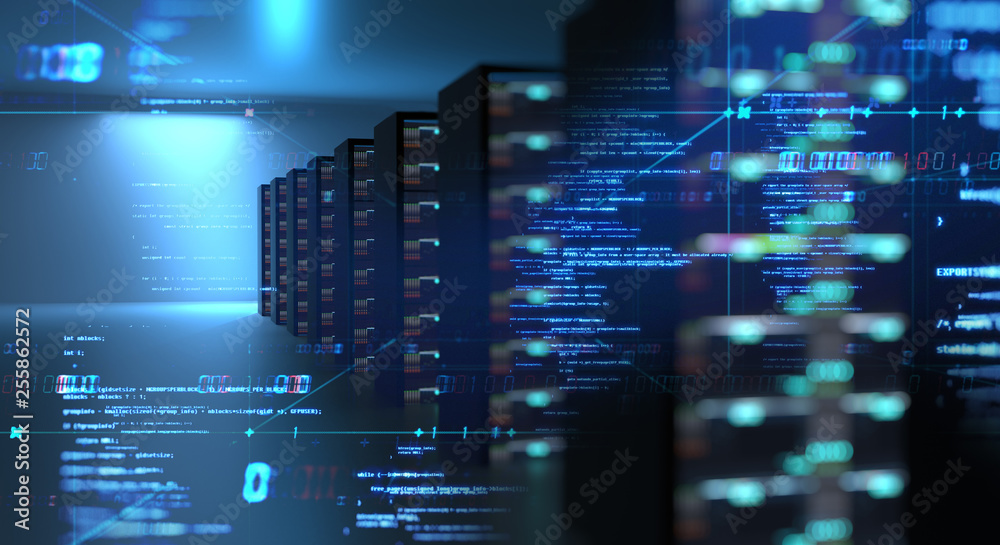 Corridor of server room with server racks in datacenter. 3d illustration Corridor of server room with server racks in datacenter. 3d illustration