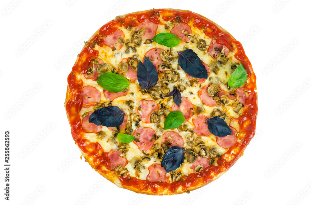 Tasty pizza with ham and mushrooms isolated on white background. Tasty pizza with ham and mushrooms isolated on white background.