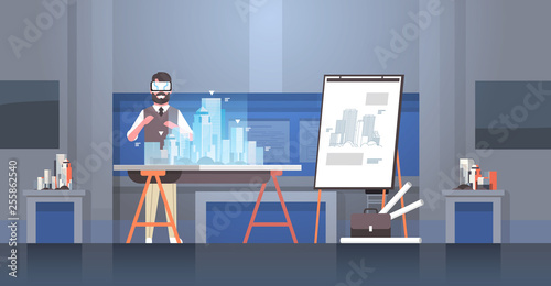 man architect engineer wearing digital glasses virtual reality 3d building city model vr modeling headset vision concept house blueprint modern office interior horizontal full length